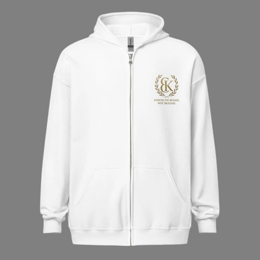 “White zip hoodie with gold Ezer Kenegdo crest and Strength Beside, Not Behind slogan”

